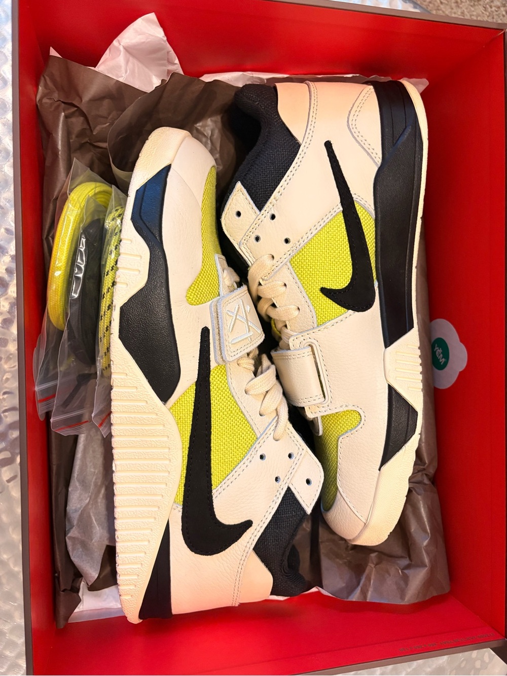 TRAVIS SCOTT Nike Cream Black Yellow Low-Top Sneakers with Black Swoosh
